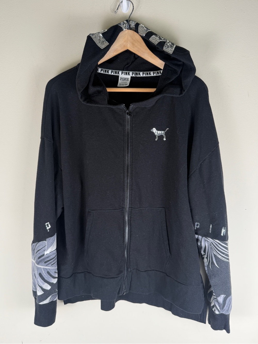 Victoria's‎ Secret PINK BLING Full Zip Hoodie Sz LG Black Palms Sequin Dog Logo